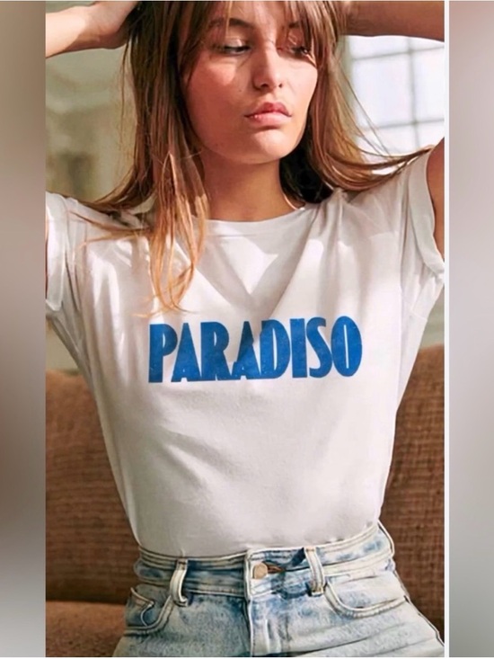 Sezane Tops - Sézane  White T-Shirt with Blue 'PARADISO' Print Size XXL
